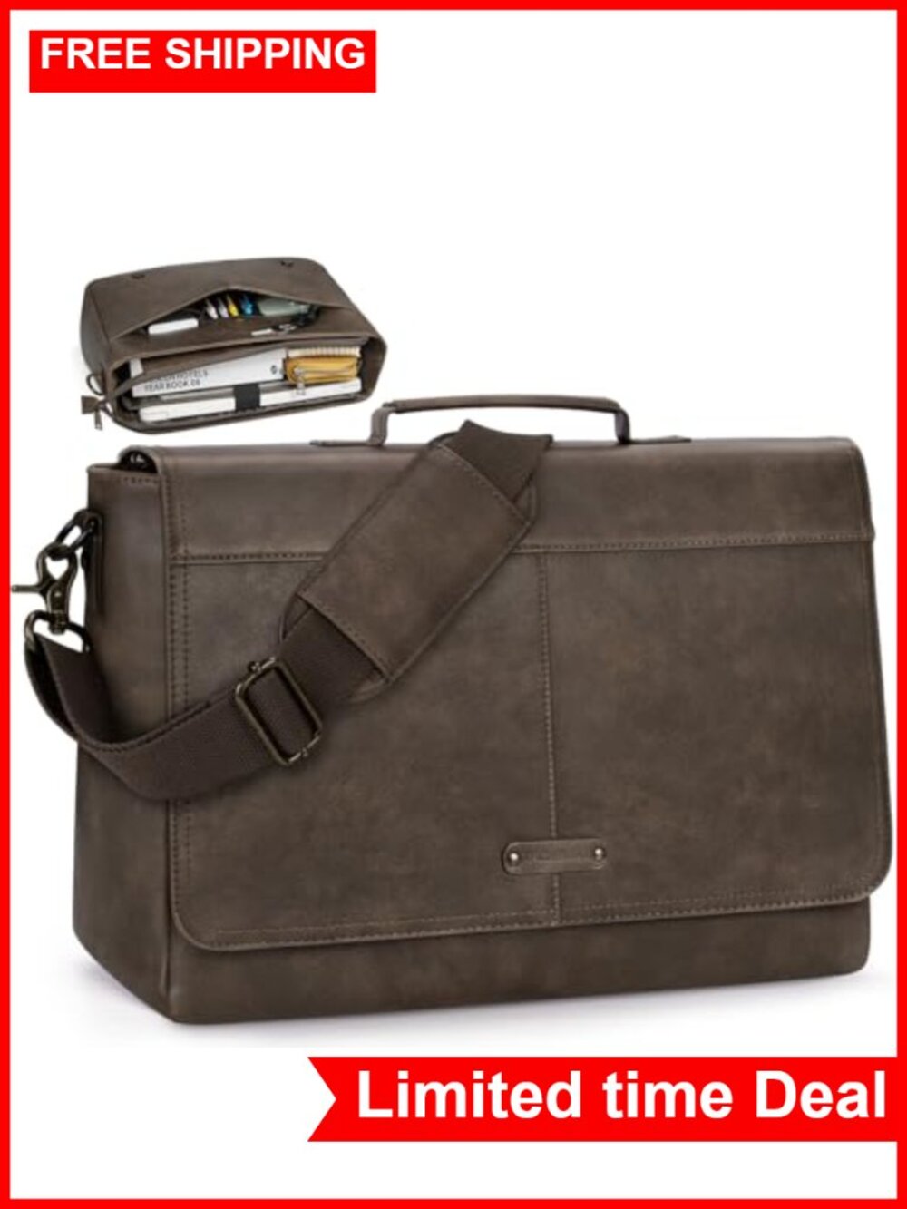 Vintage PU Leather Laptop Messenger Bag 15.6 Briefcase